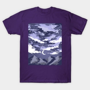 Purple cloudy sky above mountains with a crescent moon T-Shirt